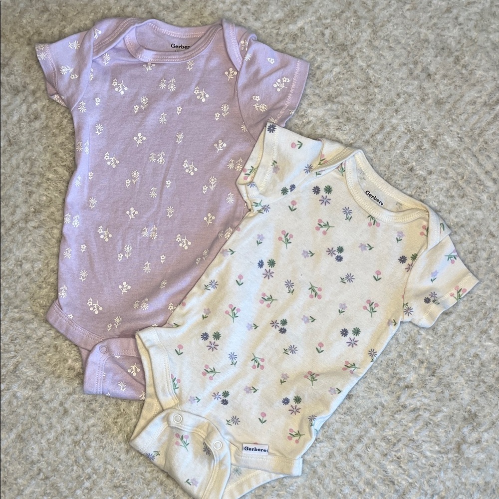 Gerber Lavender and Cream Floral Short Sleeve Baby Bodysuits